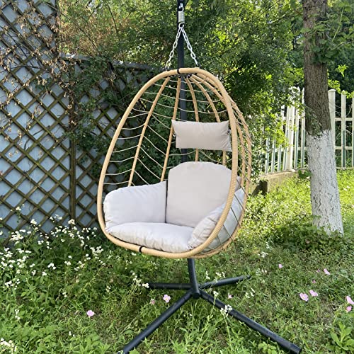 Varvind Hanging Egg Chair With Stand Outdoorhammock Swing Chair With Stand And Cushions, Pillow,Wicker Rattan Hanging Egg Chair,Adjustable Height,Uv Resistant, Indoor Outdoor Use,350Lbs(Beige) #TOP3