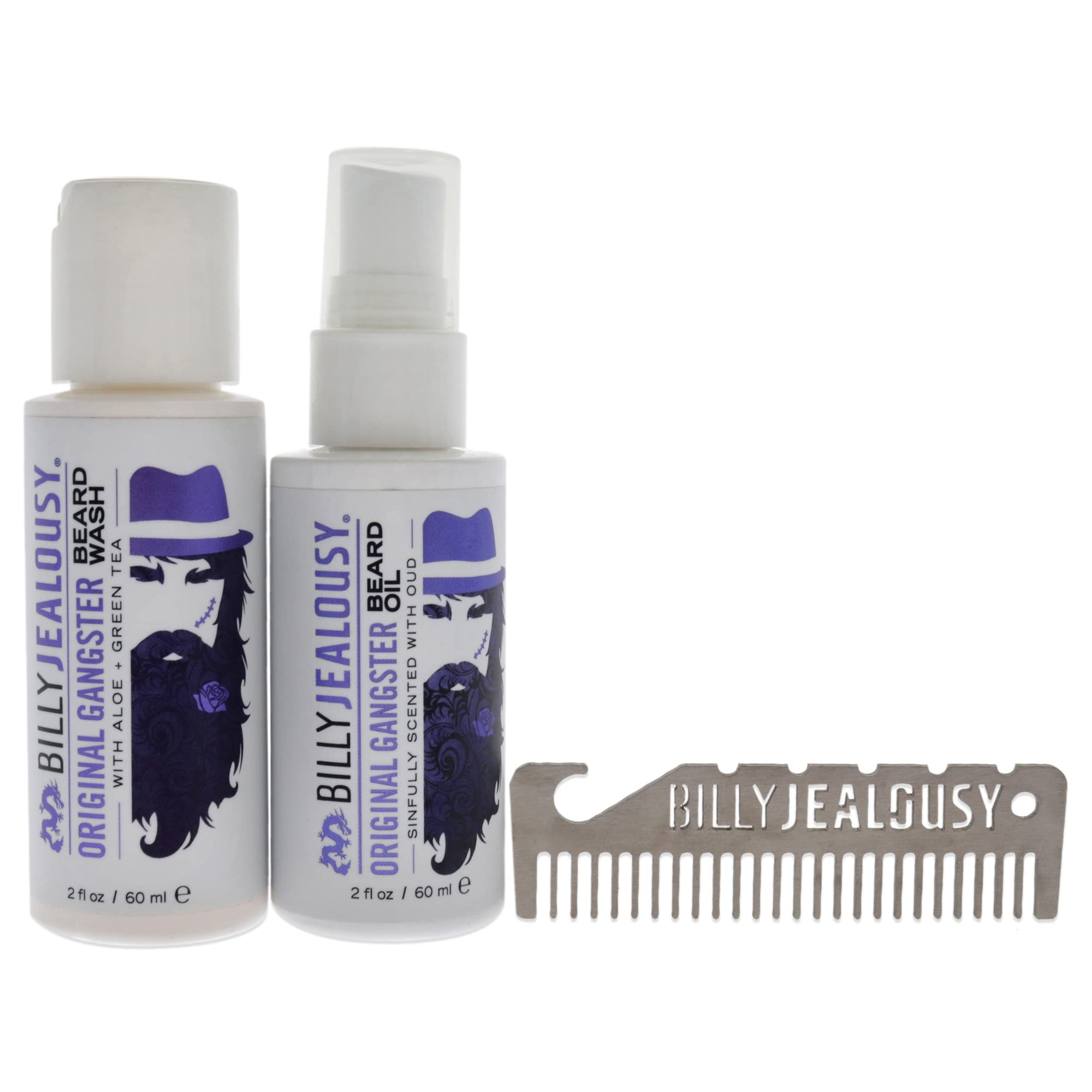 Billy Jealousy Original Gangster Beard Kit with Trave Size Beard Wash, Oil and Titanium Keychain Comb to Cleanse, Stengthen & Soften Facial Hair, Oud Wood Scent