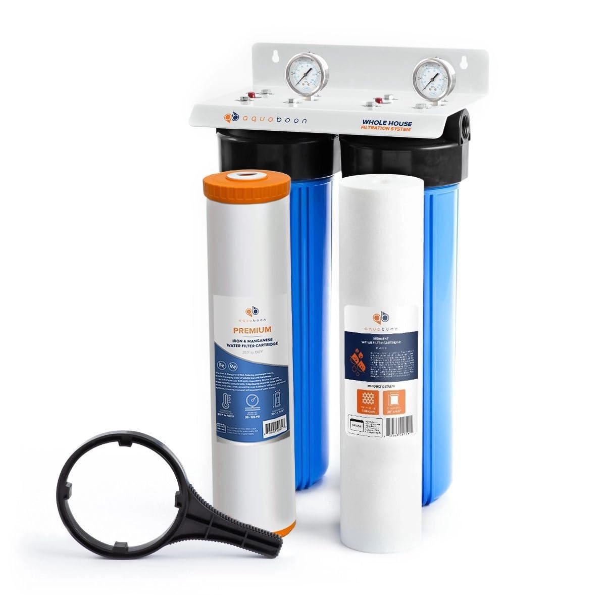 Aquaboon 2-Stage Water Filter System for Well Water w/ 20x4.5 Iron & Manganese, Sediment Filters, Pressure Gauges & Release, Wrench, Iron Bracket
