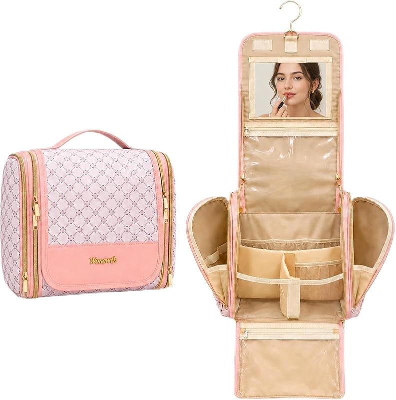 Necessaire de viagem suspensa WONEWTH com espelho e divisórias removíveis, rosa