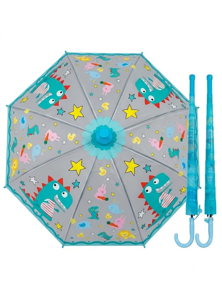 Kids Cartoon Printed Umbrella | Lightweight Manual Open Umbrella with Curved Hook Handle | Wind & Rain Protection | Grey & Turquoise-image-38