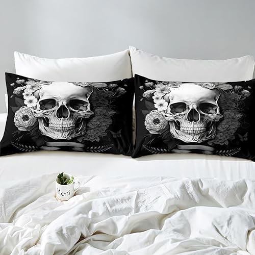 Miniatura 5 de Erosebridal Juego de ropa de cama de calavera de azúcar, funda de edredón tamaño matrimonial con estampado 3D de calavera gótica, funda de edredón