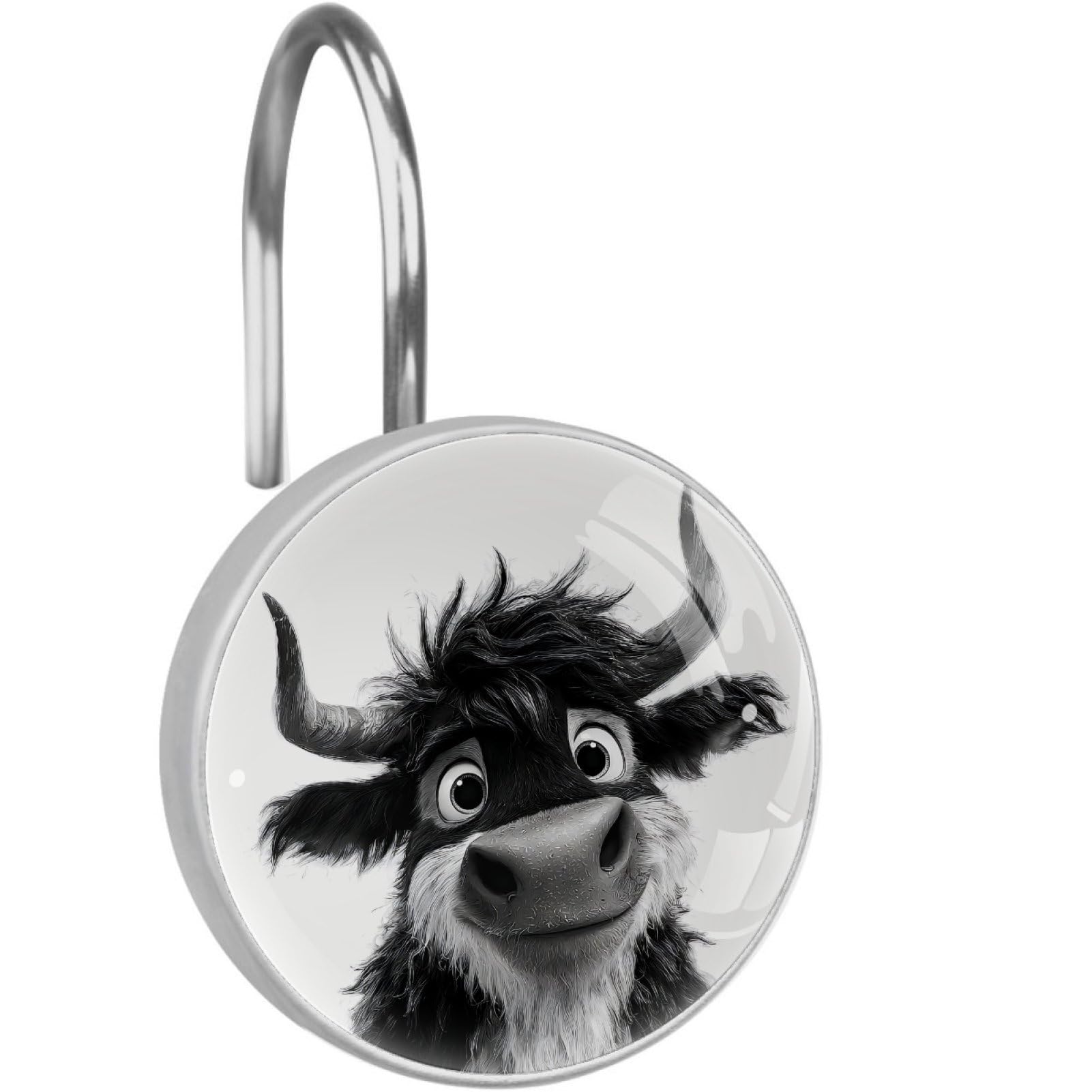 VAPOKF Decorative Shower Curtain Hooks, Cartoon Highland Cow Rustproof Stainless Steel Shower Curtain Rings for Bathroom, Shower Curtain Hangers for Shower Rod, 12 Pack