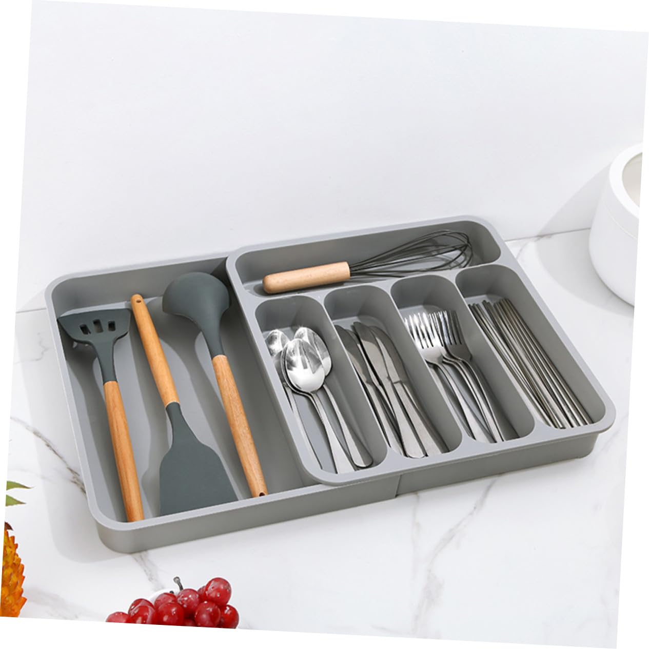 Healifty Organizador de Cubiertos con Compartimentos Bandeja Extensible para Cajón Soporte Reutilizable para Utensilios de Cocina Almacenaje Multifuncional para Cubertería Color Gris