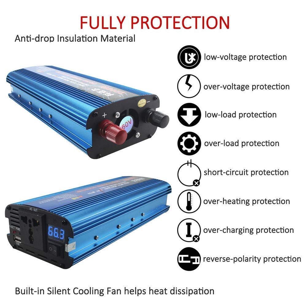 Convertisseur de Tension DC 12v / 24v / 36v / 48v / 60v / 72v vers AC 220v / 230v, onduleur à Onde sinusoïdale modifiée 1200w 1600w 2200w, convertisseur avec Connexion USB