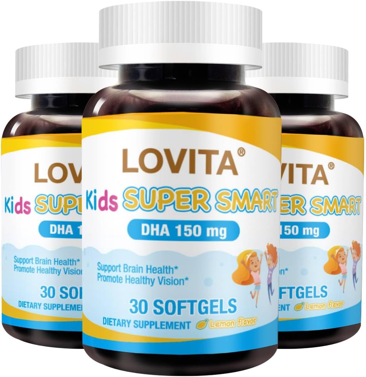 Lovita Kid’s Super Smart, Omega-3 for Children, 180 mg Total DHA & EPA, Lemon Flavor Fish Oil, Support Brain & Vision Health, 30 Softgels (Pack of 3)