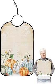Kewadony Adult Bibs for Elderly Women - Thanksgiving Waterproof Dining Clothing Protectors with Crumb Catcher for Eating/Feeding, Fall Teal Orange Pumpkin Newspaper Beige Terry Cloth Bib Washable