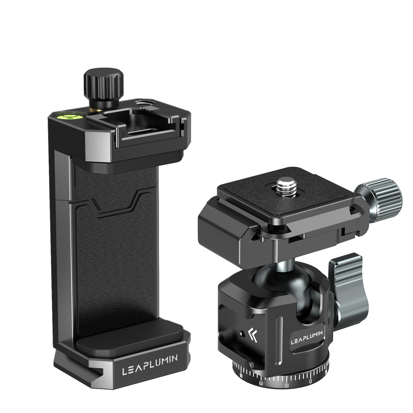 Leaplumin Aluminum Phone Mount for Tripod, Adjustable Phone Tripod Mount with Cold Shoe & Arca Swiss Quick Release Plate,Universal Adjustable Clamp Suitable for iPhone 15pro/14 pro/13 Pro/12/Samsung