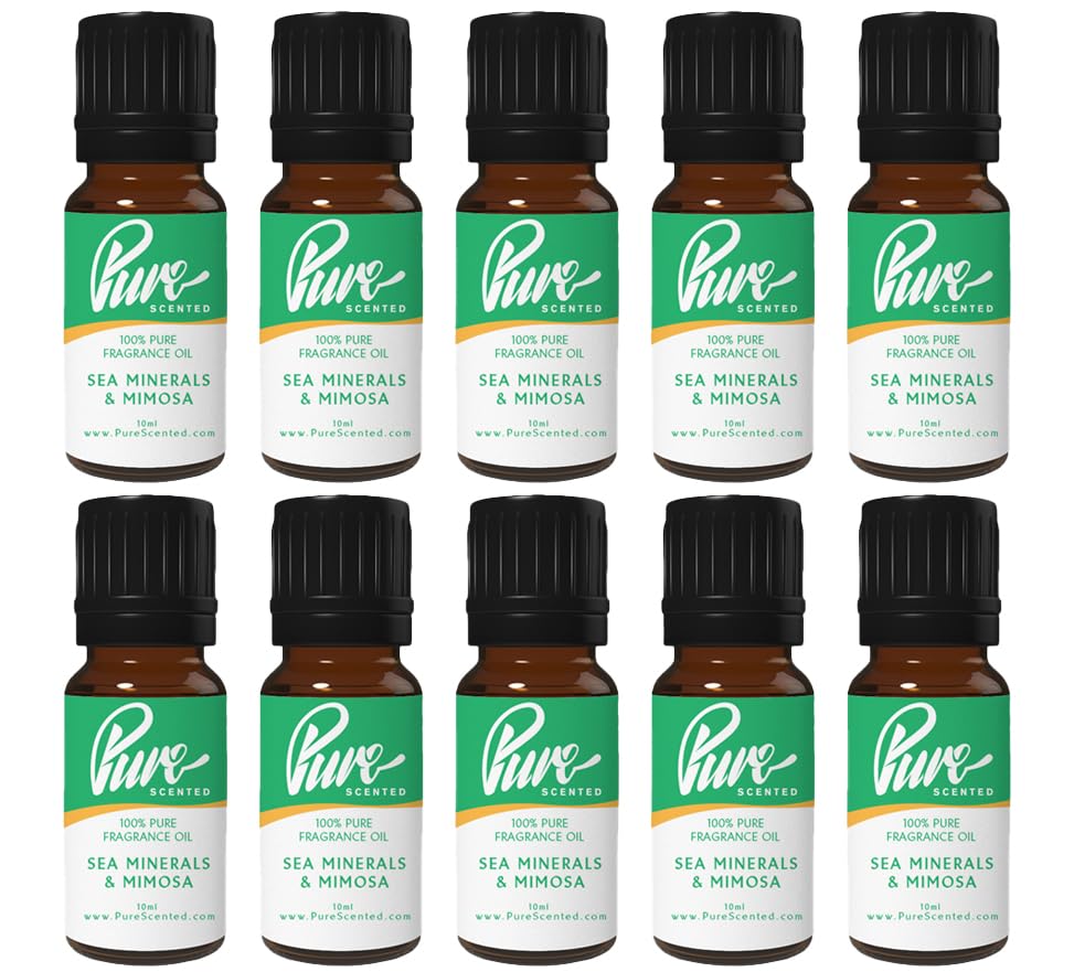 Pure Scented 100ml Fragrance Oils - 10 x 10ml Suitable for Candles, Soaps, Slime, Diffusers, Cosmetics, Wax Melts, Designer (10 x 10ml, Sea Minerals & Mimosa)