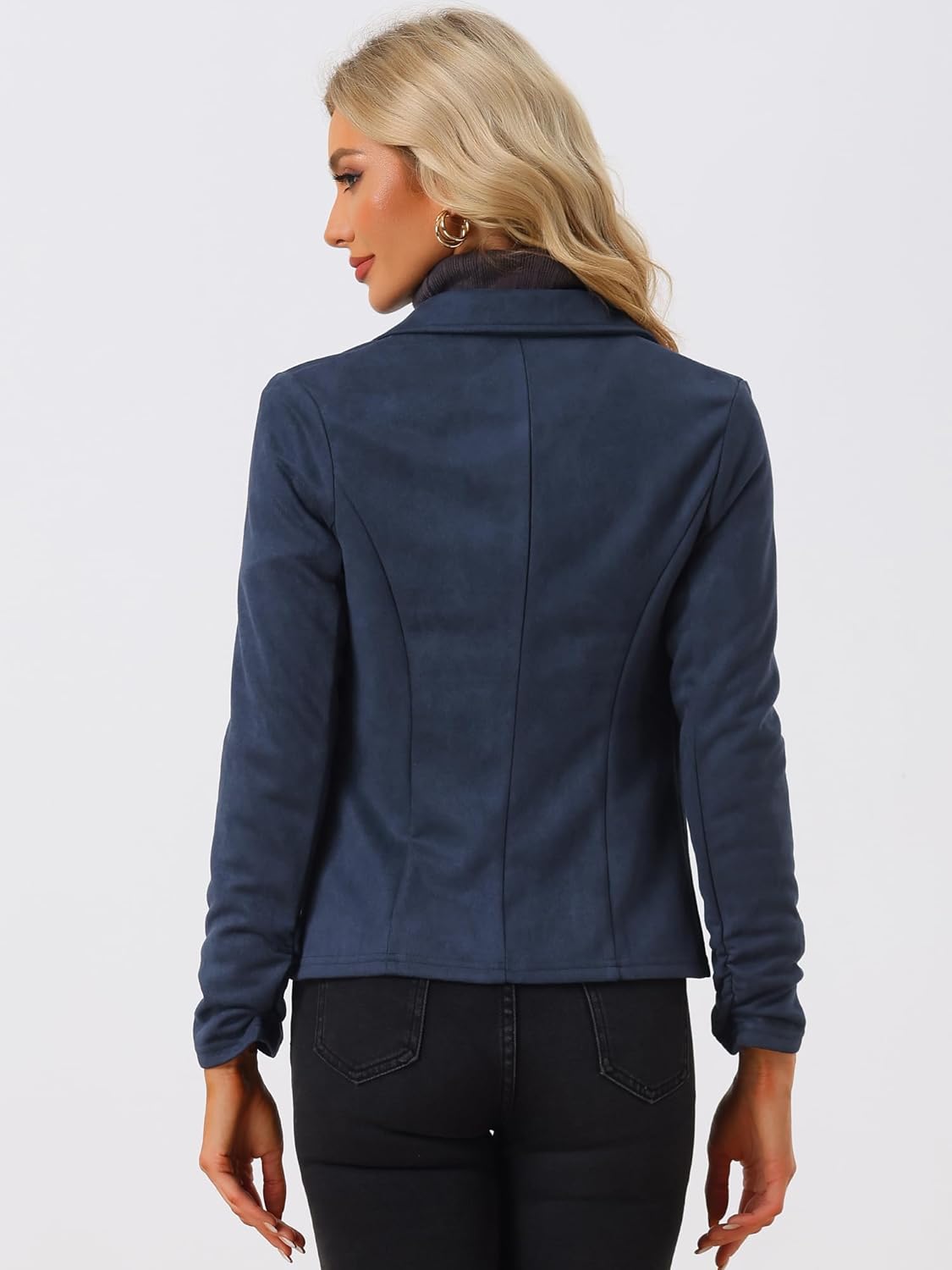 Allegra K Women's Faux Suede Blazer Lapel Collar Ruched Sleeve One Button Work Office Jacket Blazers - Image 4