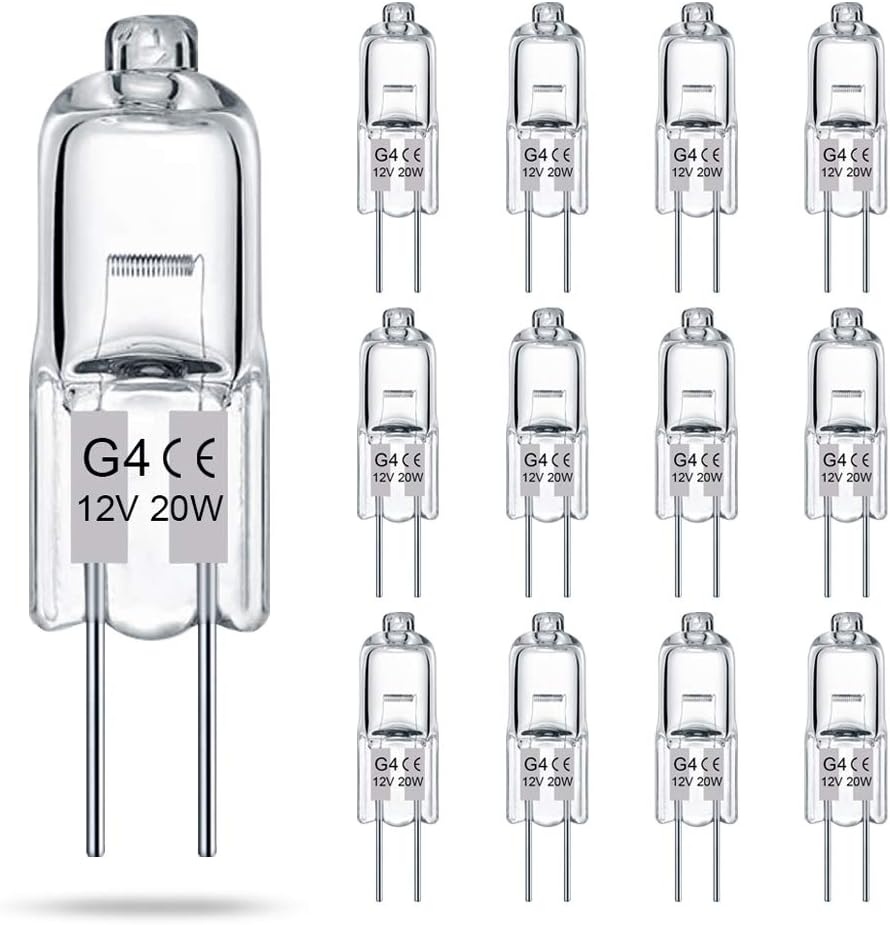 G4 Bulb 12 Pack Crystal Clear Halogen Light Bulb 2 Pin 12V 20W JC T3 Bi-Pin G4 Base Dimmable 2700K Warm White 2 Prong Light Bulb for Under Cabinet Puck Light, Chandeliers, Landscape Lighting