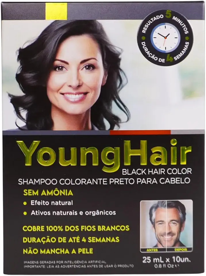 Kit Shampoo Tonalizante Preto Cobertura de Fios Brancos Sem Amônia 10 Sachês 25ml