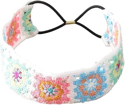 Floral Knitted Headband for Women Stretch Turban Floral Crocheted Granny-Square Ethnic Tie Head Wrap Headband