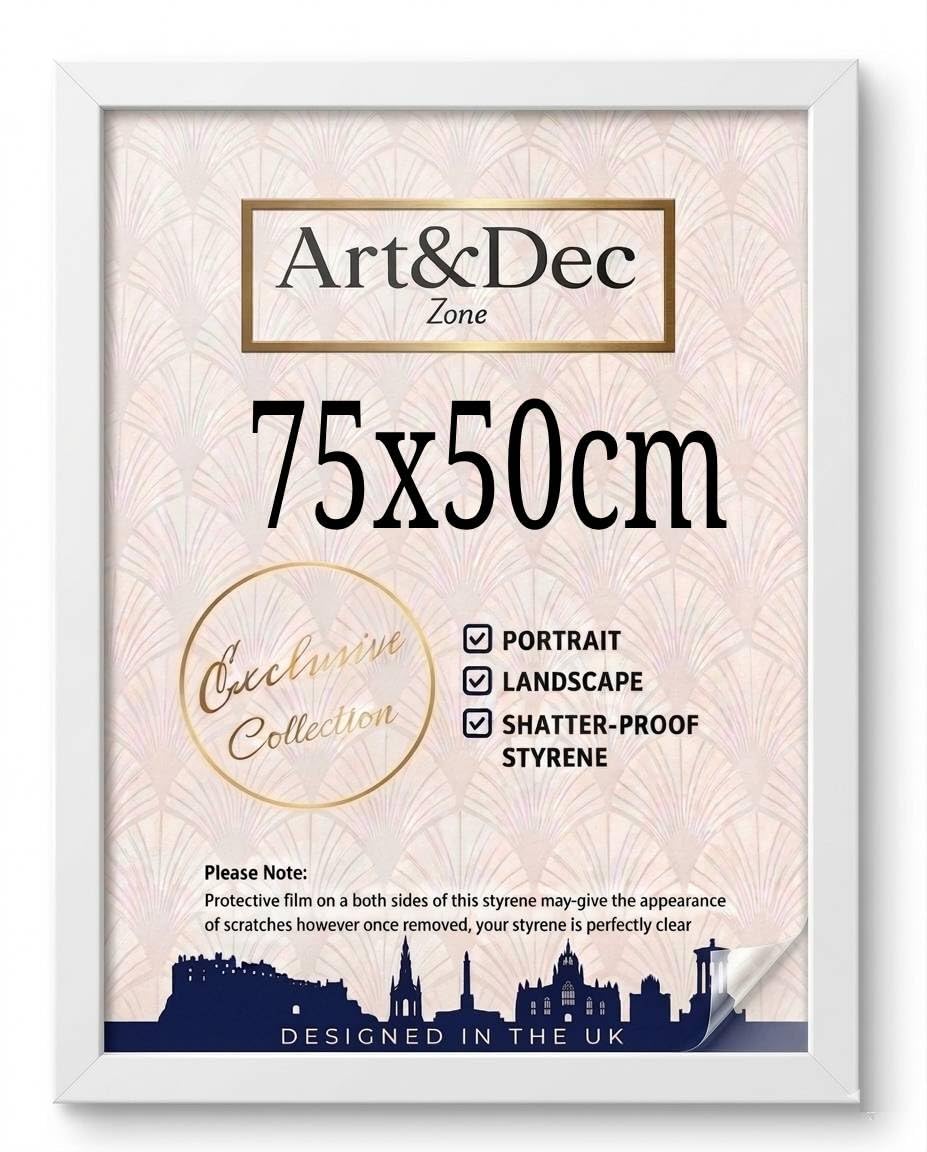Art & Dec Zone® Modern White Picture Frame 75x50 cm – MDF Wood Finish, High-Clarity Shatter-Proof Acrylic Cover for Posters and Artwork