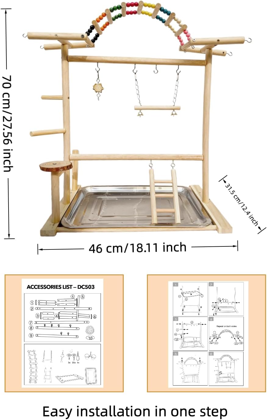 Bird Play Stand with Beads & Swing for Parrots | Multi-Level Natural Wood Stand | Perfect for Parakeets, Cockatiels & Small Parrots | Engaging Bird Perch & Toys