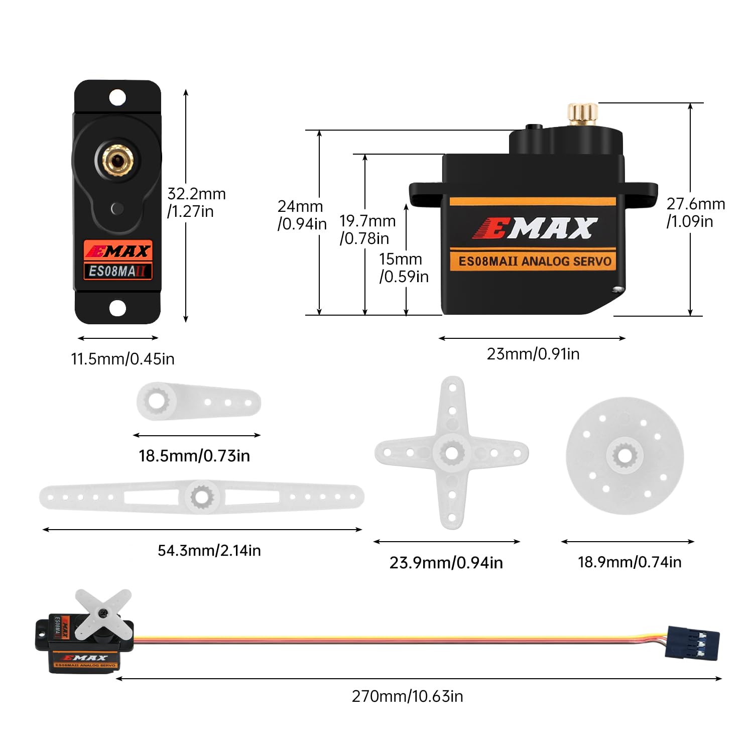 HAWK'S WORK EMAX ES08MA II Micro Servo, 12g Servo Analógico con Engranajes Metálicos para Modelos RC, Brazo Robótico, Proyectos Stem y Raspberry Pi (4 Paquetes)