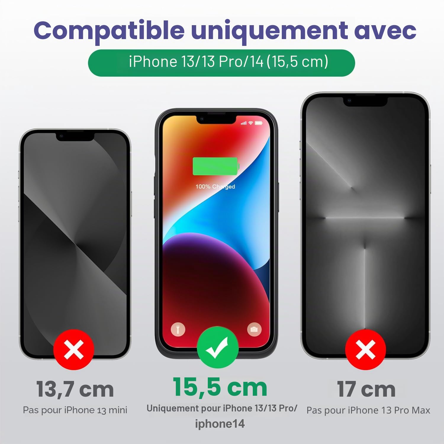 Coque de batterie pour iPhone 14/13/13 Pro (6,1 pouces), 7500 mAh, ultra mince, portable, coque de charge de batterie rechargeable, batterie étendue pour iPhone 14/13/13 Pro (noir)