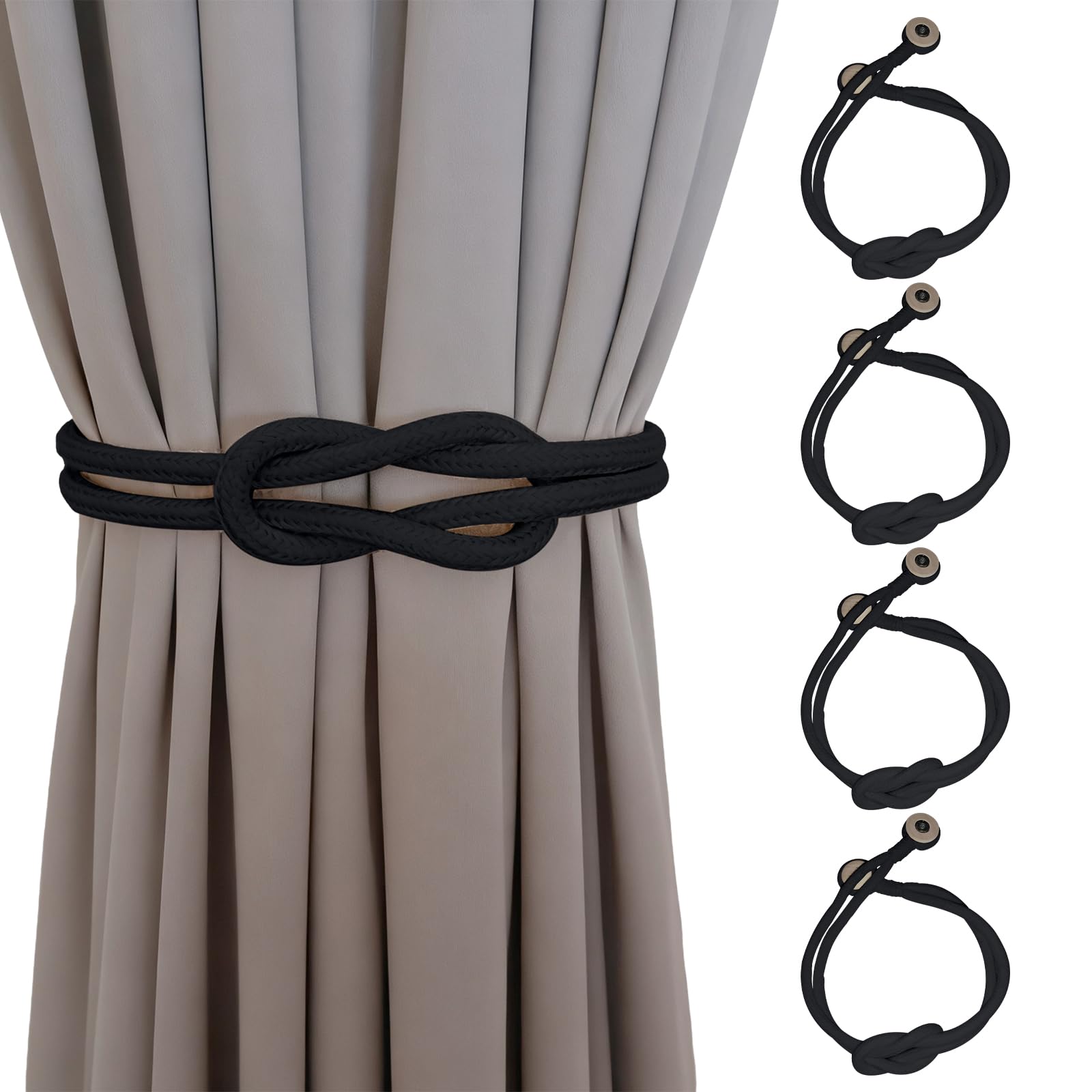COGVOHY 4Pcs Magnetic Curtain Tiebacks, Natural Cotton Rope Magnetic Curtain Tiebacks, Modern Simple Style Drape Tie Backs, for Home Bedroom Office Window Drapery (Black)