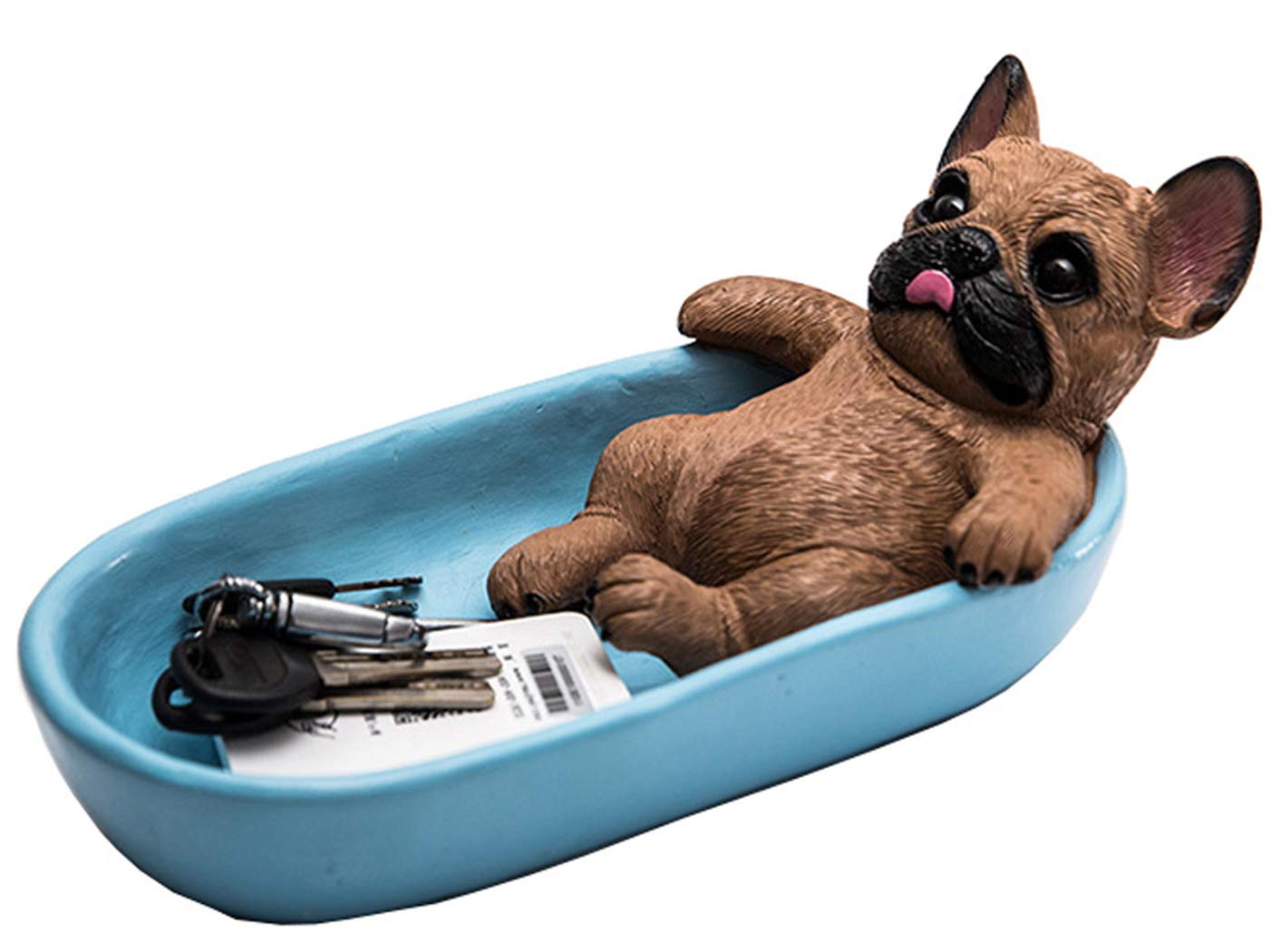 nice--buy Bulldog Statue Resin Dog Puppy Figurine Ornament Decoration Snacks Storage Table Dish Home Table Decoration Storage Sundries Container for Keys Cellphone Remote (Brown Blue)