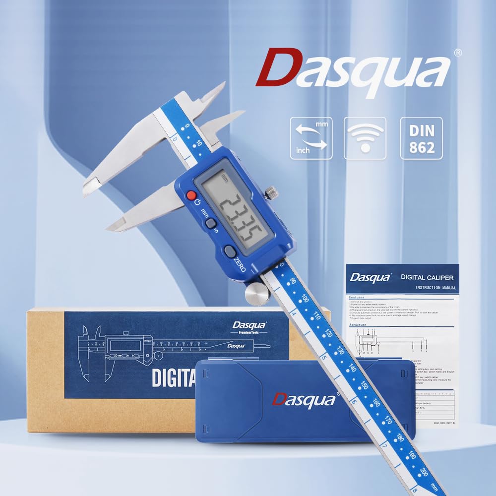 Dasqua 0-200mm Calibro digitale elettronico industriale,in acciaio inox,con ampio schermo LCD e custodia di stoccaggio Strumento di misura a spegnimento automatico,precisione 0,0005"/0,01mm