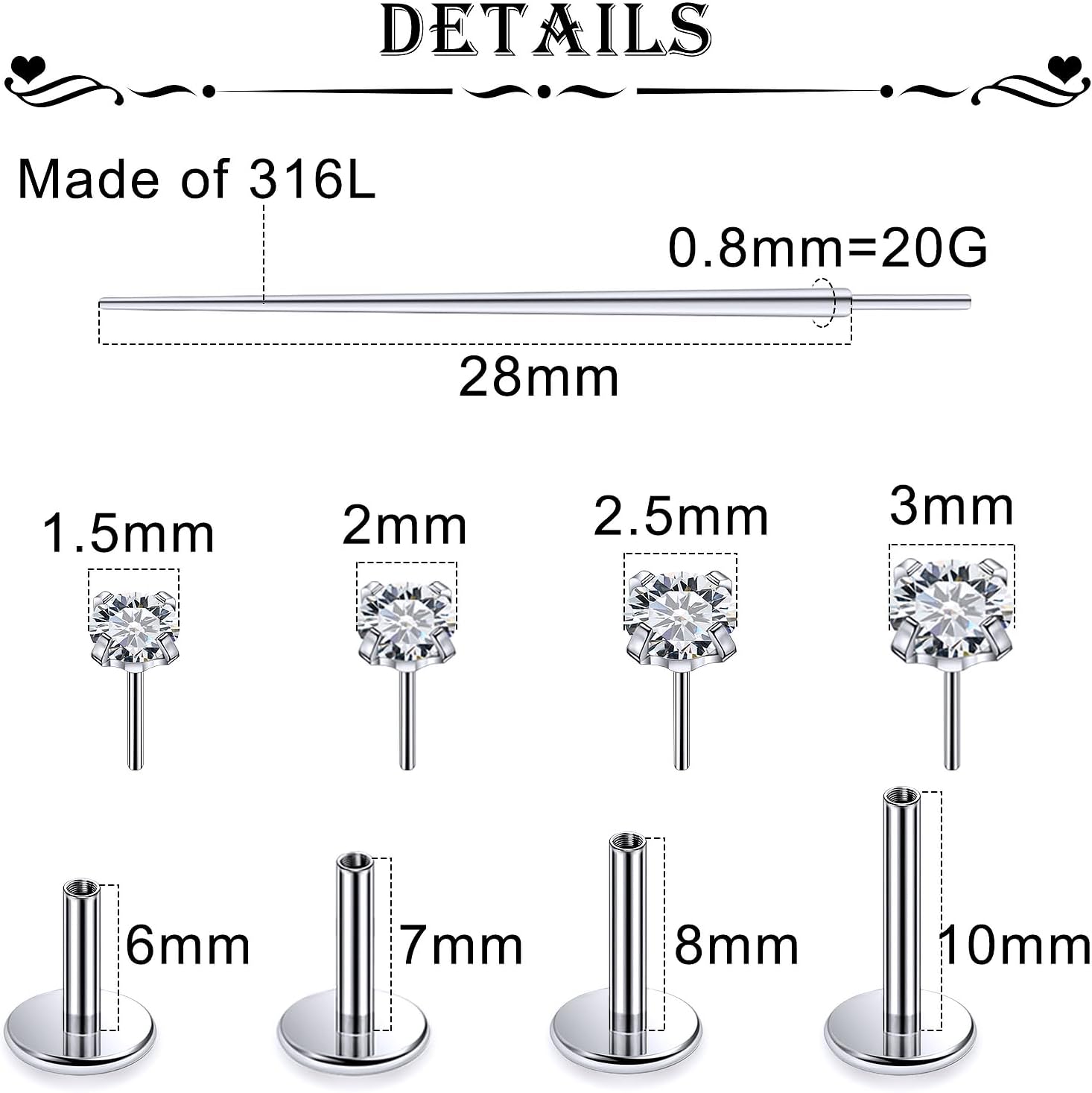 20G 18G 16G Threadless Push in Nose Rings Flat Back Earrings Stud Surgical Steel Lip Ring Tragus Cartilage Conch Helix Earrings Medusa Labret Snake Bites Piercing Jewelry for Women Men - Image 2