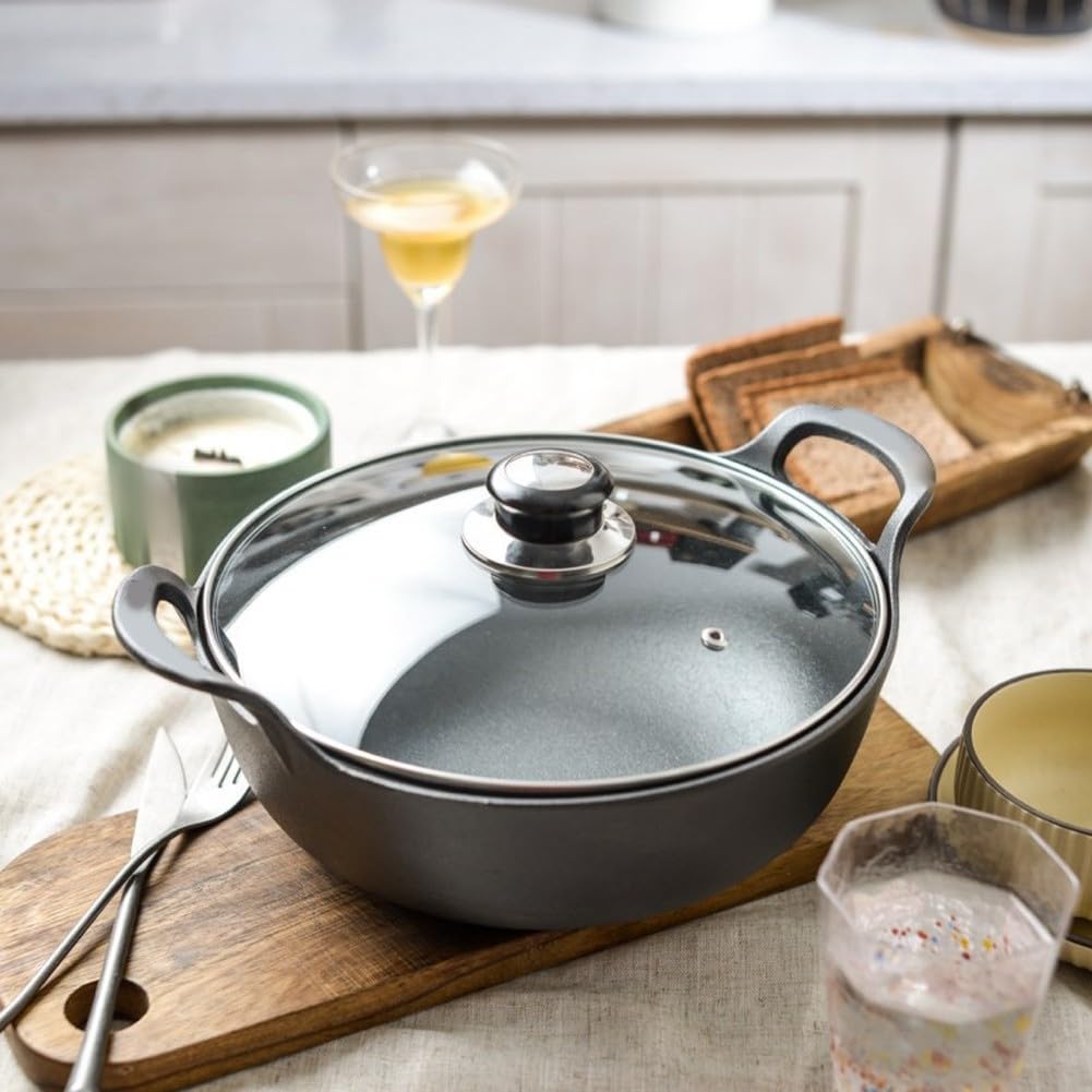 Wok sin revestimiento para hierro fundido con tapa de madera – Base plana para inducción, sartén de 25 cm