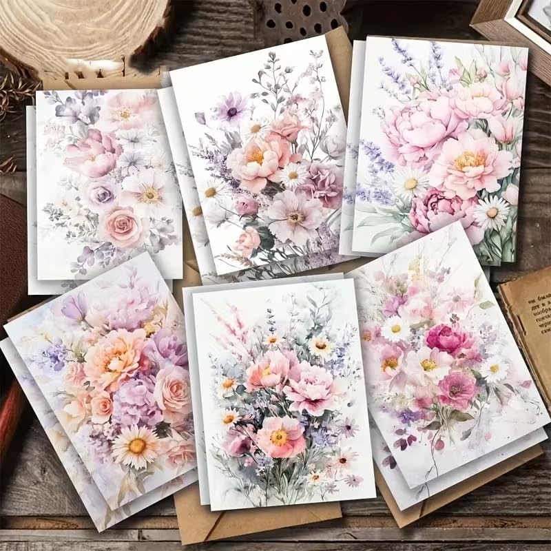 Watercolour Floral Greeting Cards with Envelopes, 6 Designs, Folded, 9x13cm, Blank Inside