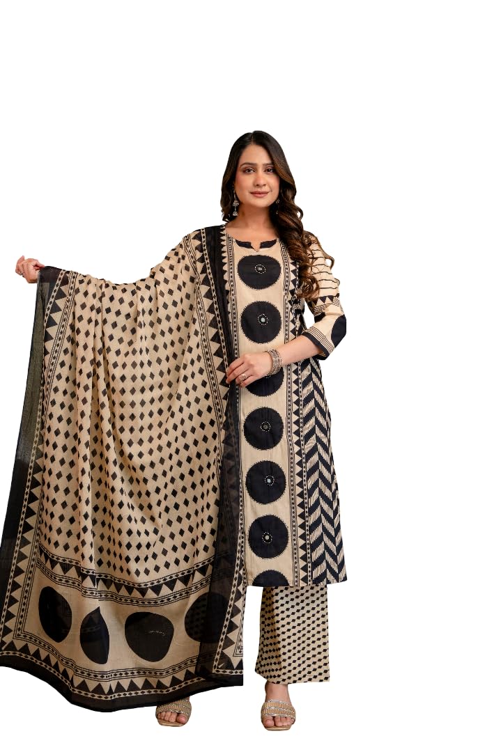 Women Cotton Geometric Printed Straight Kurta Set With Mirror Embroidery & Dupatta-image-34