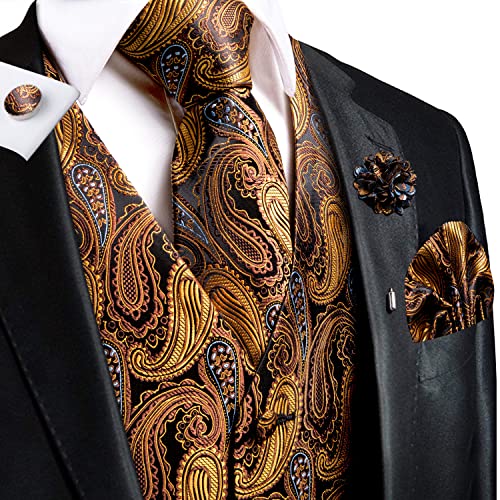 Hi-Tie Brown Gold Paisley Waistcoat Necktie Handkerchief Cufflinks Lapel Pin 5Pcs V-Neck Vest Suit Sets For Business Tuxedo Wedding #TOP1