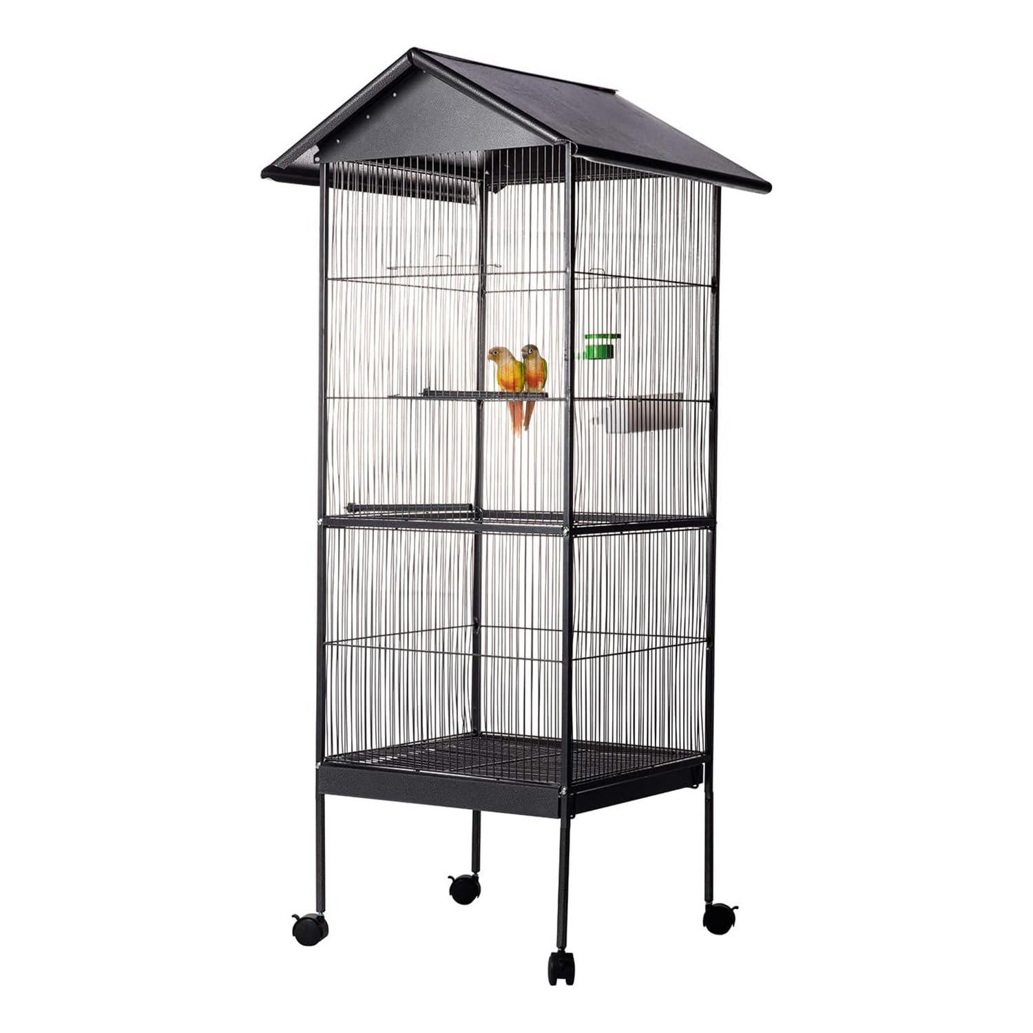 Aqpet Voliera con Tetto per Uccelli Grandi e Canarini, Gabbia in Metallo con Piedistallo e Ruote, Adatta per Interno ed Esterno, Dimensioni 157x52x52 cm, Nero
