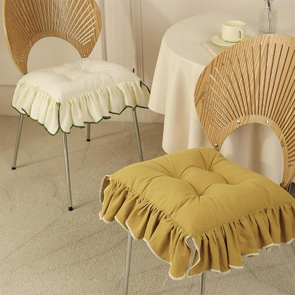 Set of 2/4/6 Ruffled Chair Pads for Dining Chairs, 16 x 16 in Cotton Fabric Chair Cushion with Ties Non Slip Soft Vintage Seat Cushion for Farmhouse Kitchen(Beige,4PCS)