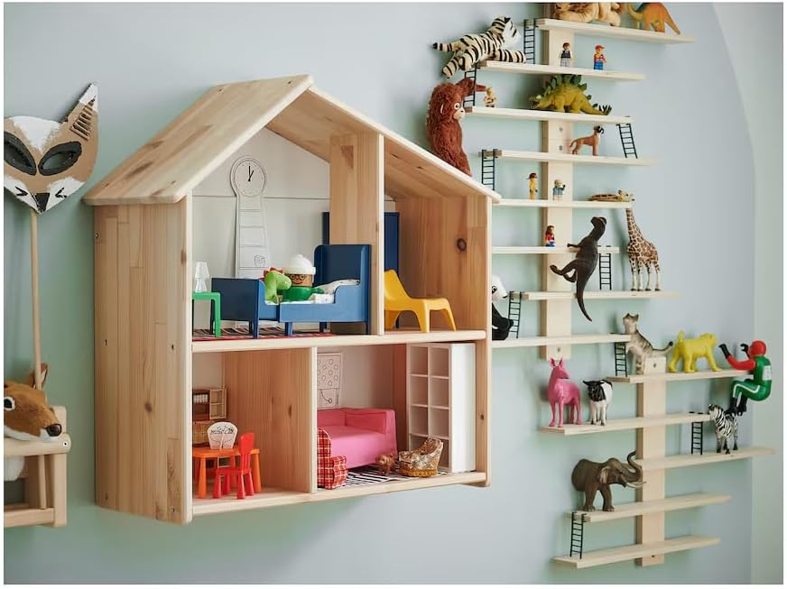Wooden Dollhouse Wall Shelf – Solid Pine, Multi-Purpose Storage & Playhouse, 22¾"x8¾x23¼, Converts from Doll House to Room Display Shelf