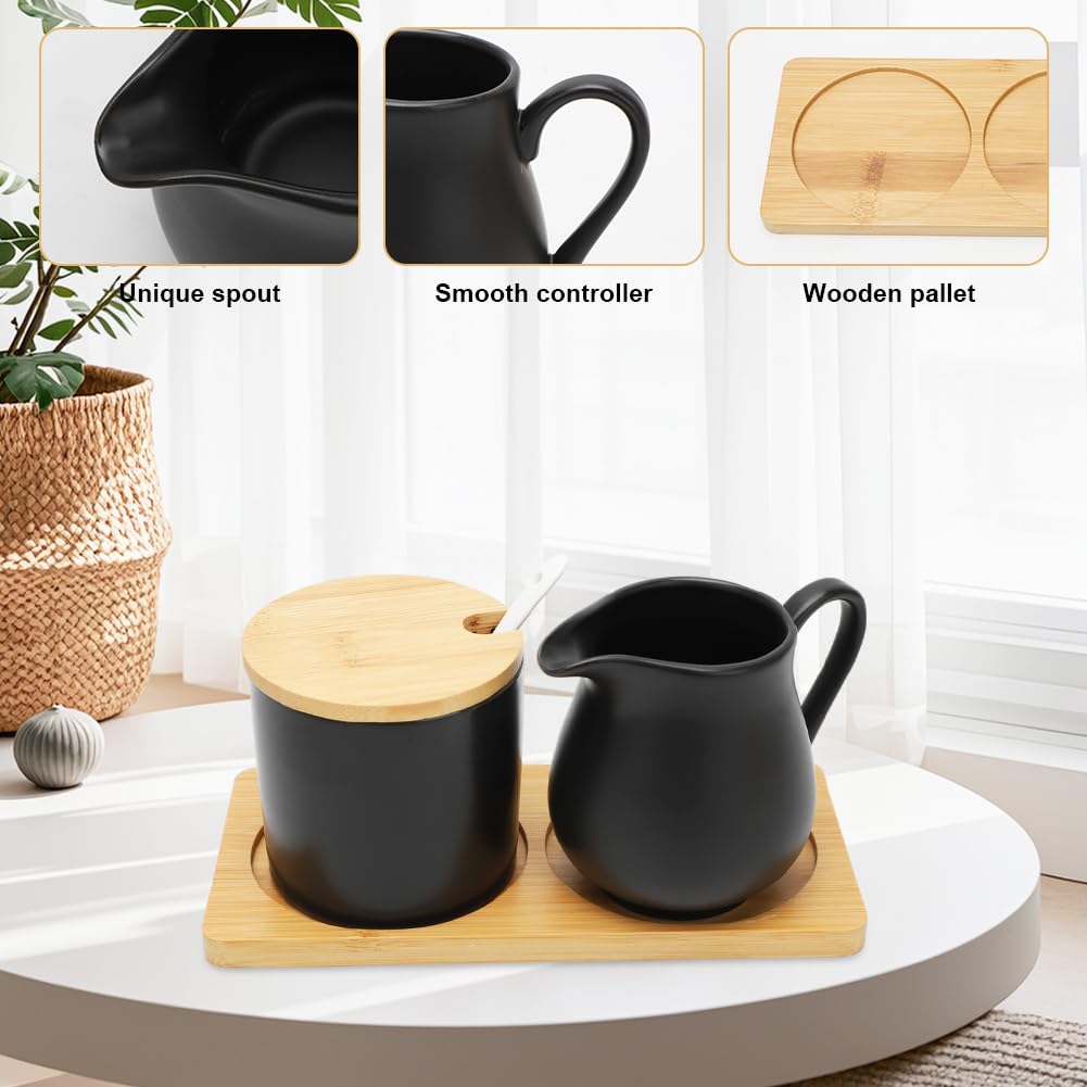 Set latte e zucchero con coperchio e cucchiaio, brocca per latte in ceramica con vassoio in legno, brocca per latte in ceramica nera e zuccheriera con vassoio in legno, adatto al microonde e