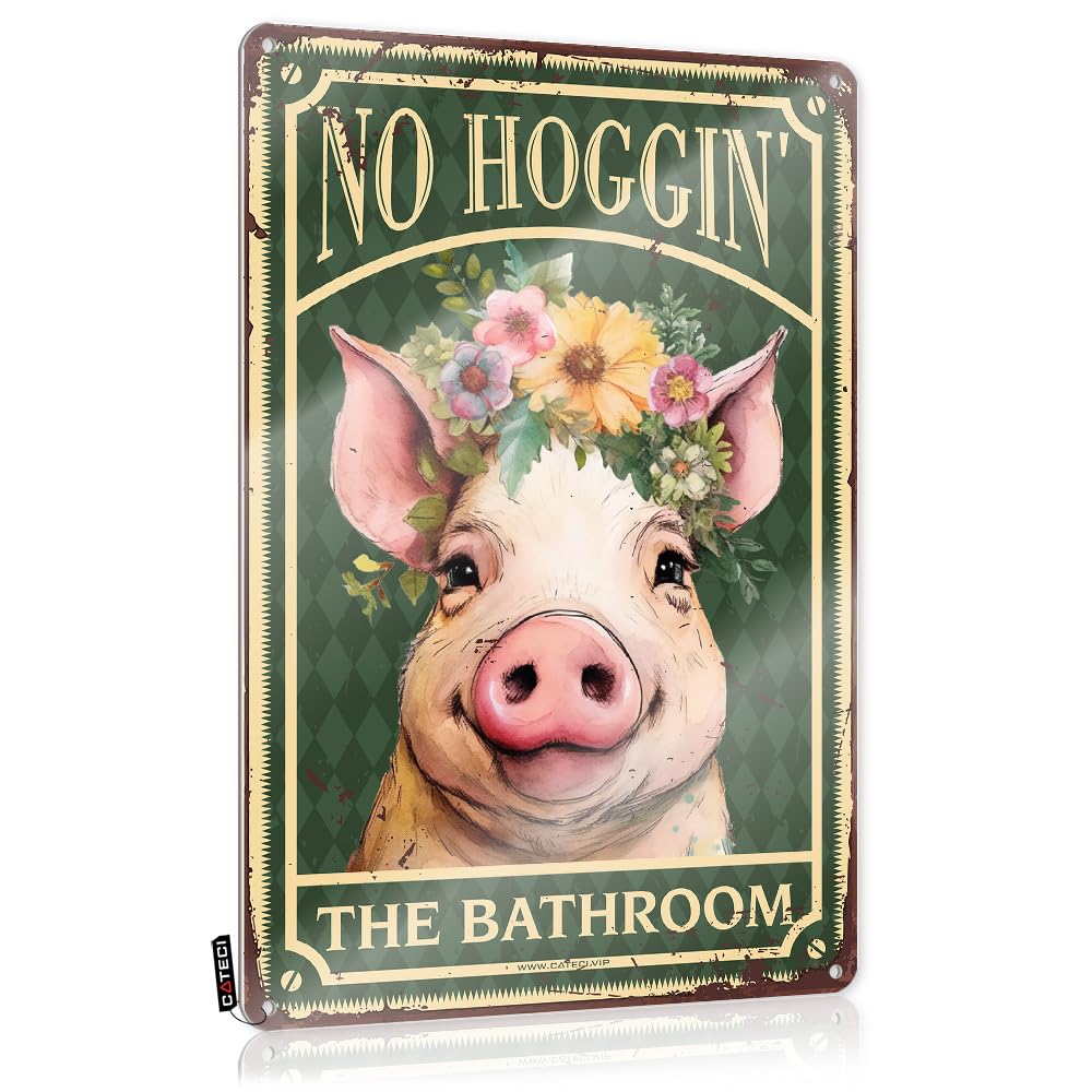 MGHTLCCME Garage Signs Funny Vintage Pig With Flowers No Hoggin' The Bathroom Tin Sign Signsgothic Decor For Homezen Room Decoroffice For Women Desk Tin Signs Funny Sarcastic Signs(30X40CM)