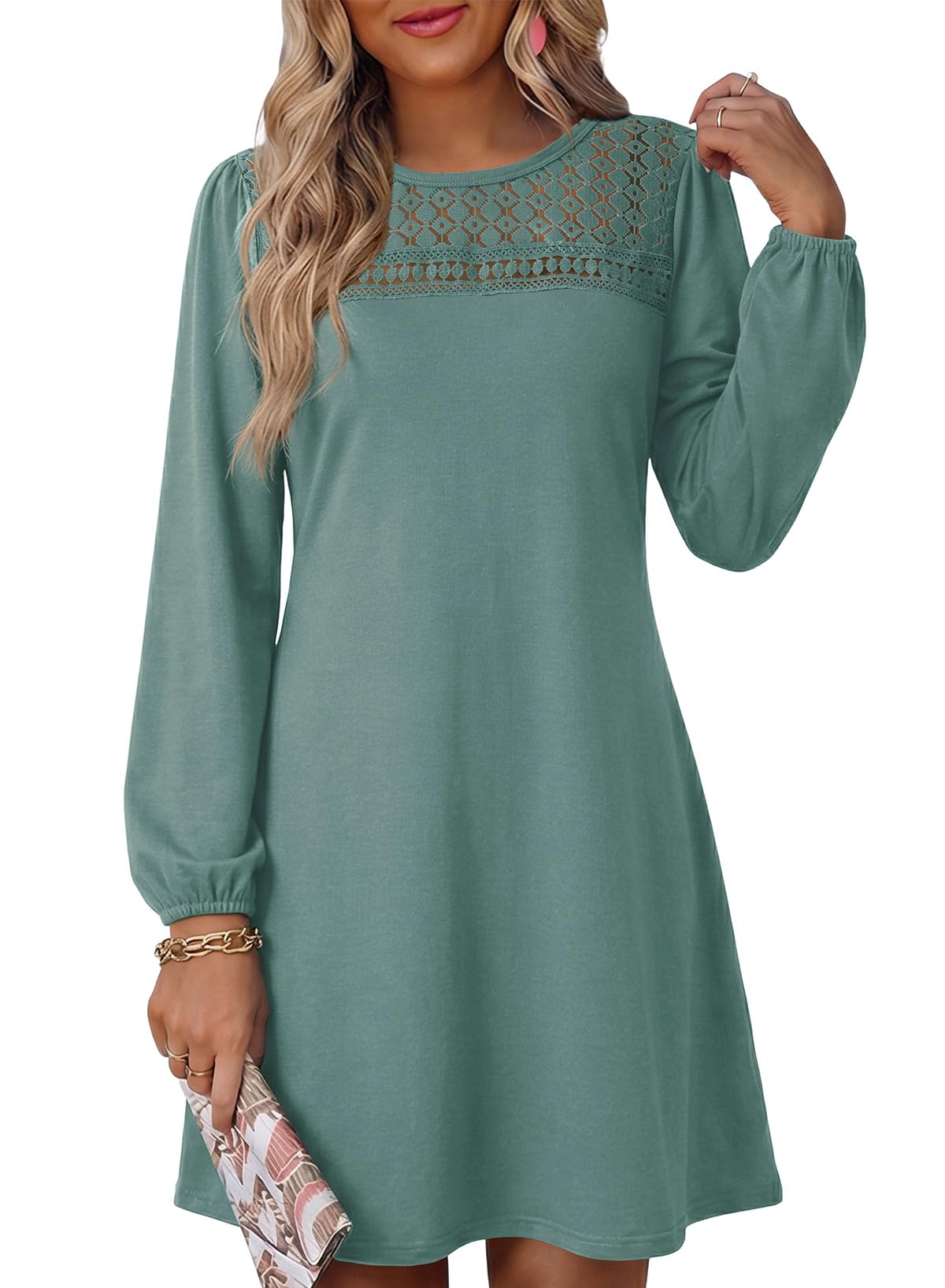 Womens Long Sleeve Crewneck Casual A Line Babydoll Mini Dress