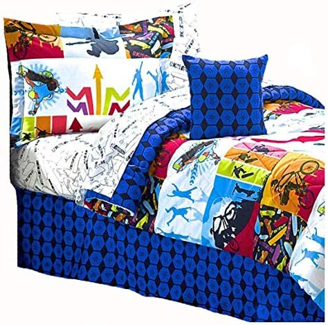Get Movin Extreme Sports Skateboard BMX 10pc Queen Size - Comforter & Sheet Set + Two Window VALANCES (Pillow NOT Included!)