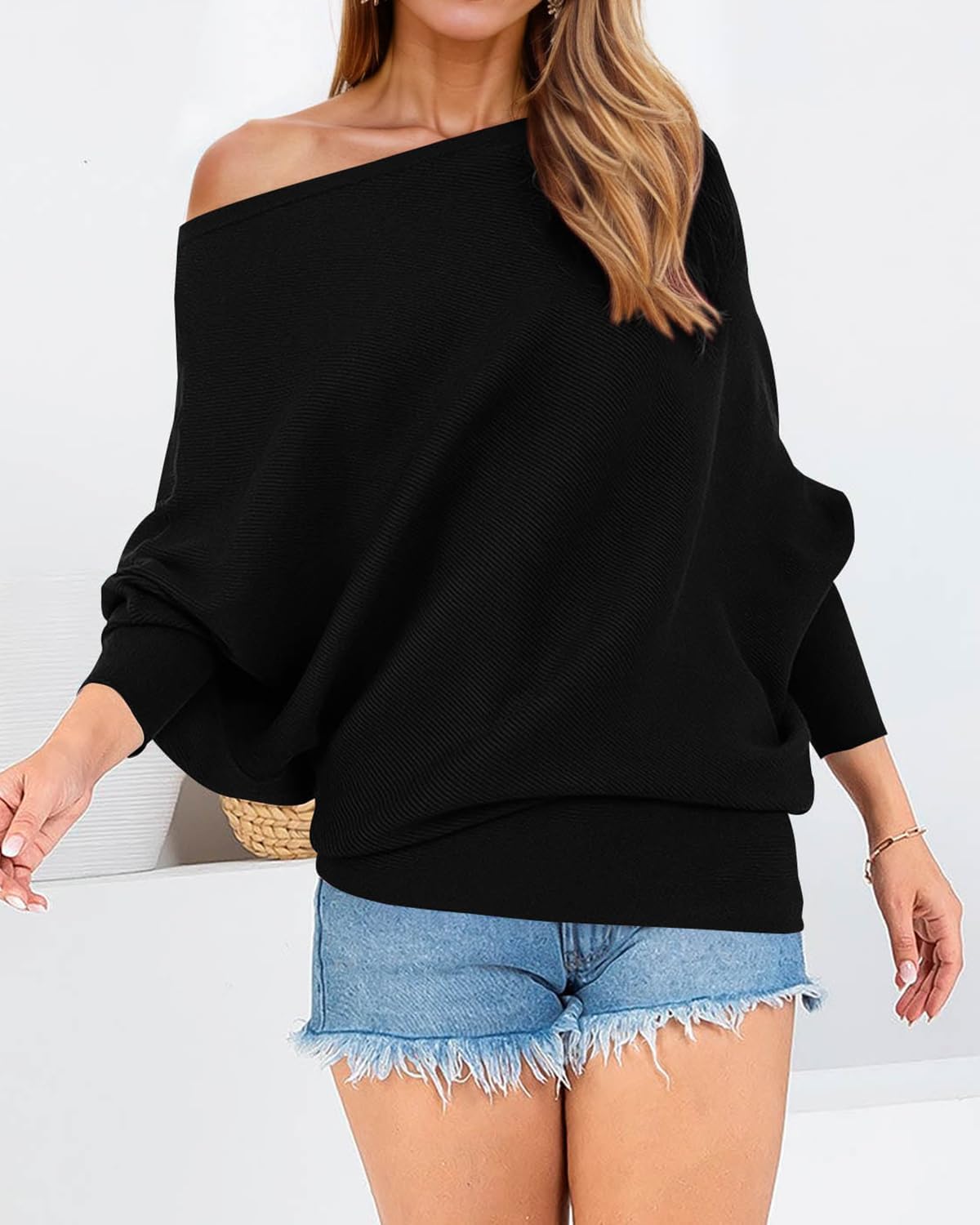 Zenlonr Women's Fall Sweaters 2026 Casual Long Batwing Sleeve Loose Off Shoulder Knit Pullovers Jumper Tops - Image 3