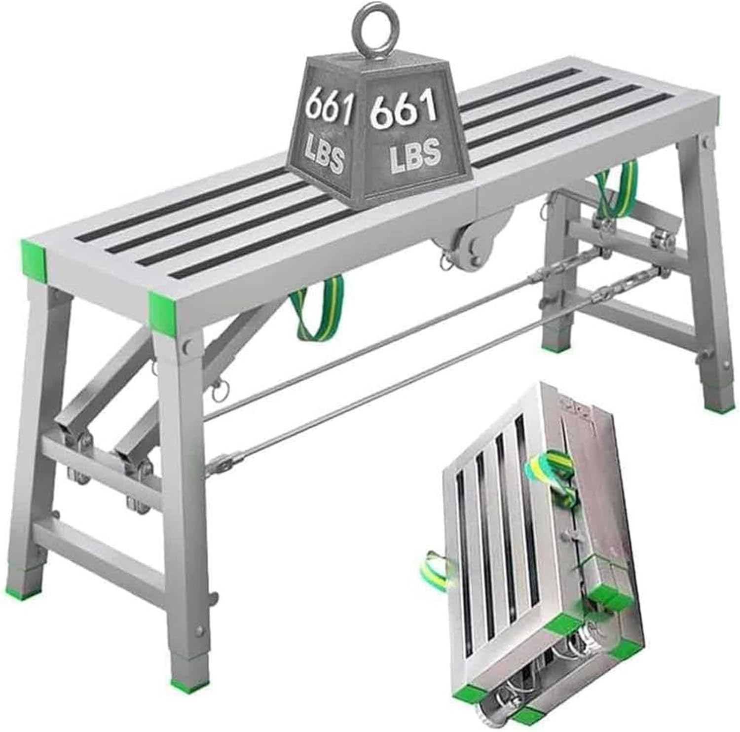 Plataforma multiusos de altura ajustable con superficie de 180x40 cm y estructura portátil