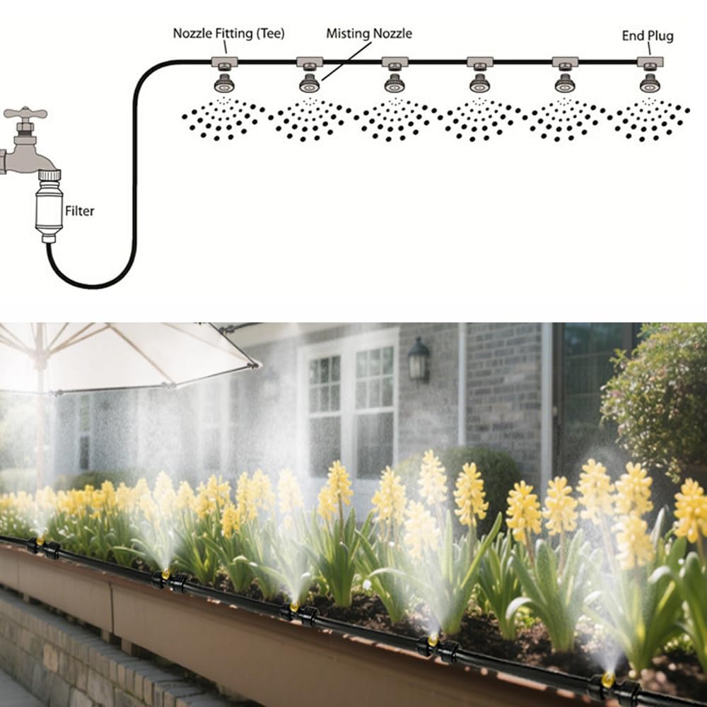 Sprühnebel Kühlung Set, Terrasse Garten Nebelsystem, EU-Standard 25M | Outdoor einsatz, feiner wassernebel, hitzereduzierung, pavillon, gewächshaus, sonnenschirm, einfache montage