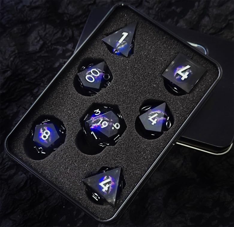 Rolledomain Resin DND Dice Set - Liquid Core and Moving Dragon Eyes - 7 Piece Sharp Edge RPG Game Accessories D4 D6 D8 D10 D% D12 D20 for Dungeon Masters and Starters (Purple)