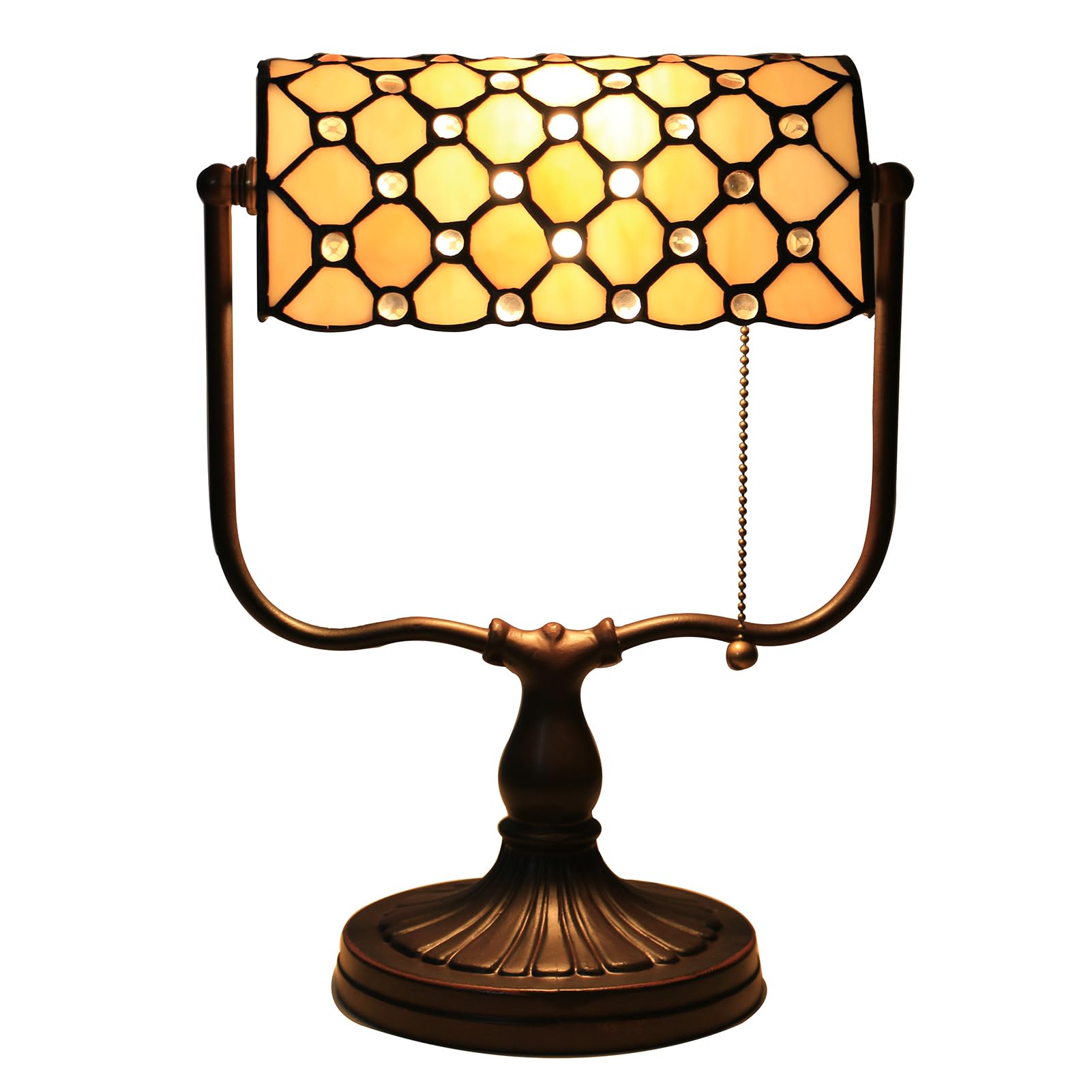 Uziqueif Tiffany Bankers lamp, Vintage Table Lamp With Pull Chain Switch, Reading Lamps For Bedside Table, Art Deco lamp, Glass lampshade, Beige + transparent glass beads