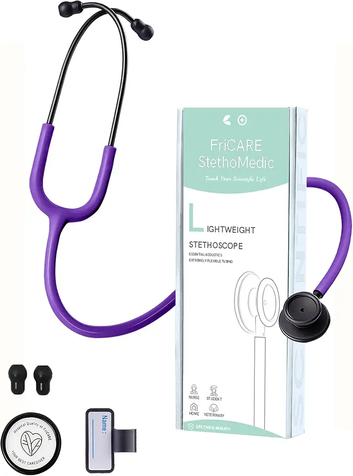 FriCARE Estetoscópio de Cabeça Dupla - Estetoscópios para Enfermeiros, Estudantes de Enfermagem, Paramédicos/Técnicos de Emergência Médica/Técnicos de Enfermagem/Auxiliares de Enfermagem, Tubo Roxo
