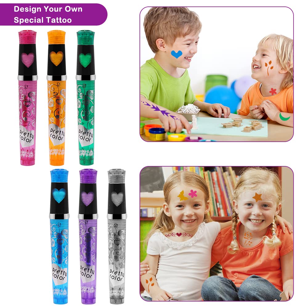 Lápices De Tatuajes Para Niños, Juego De Tatuajes Con Purpurina 6 Rotuladores De Tatuajes Con Purpurina Y 8 Recambios, 4 Plantillas, 4 Adhesivos Luminosos Para Tatuajes, 55 Pedrería, Fiestas
