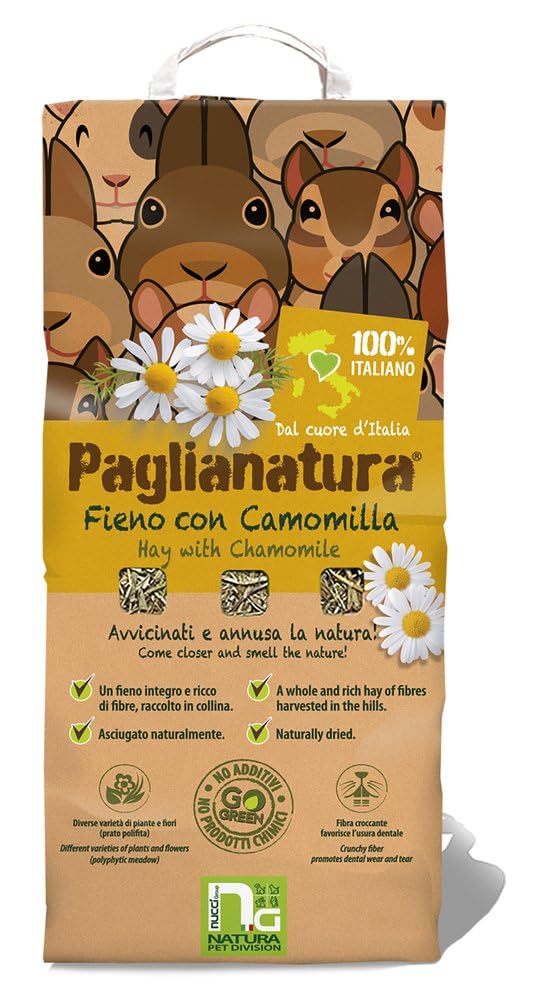 Paglianatura Kit de 6 Bolsas de heno Natural de 1300 g y manzanilla, alimento para Conejos, cobayas y roedores, Rico en Fibra, calmante y digestivo