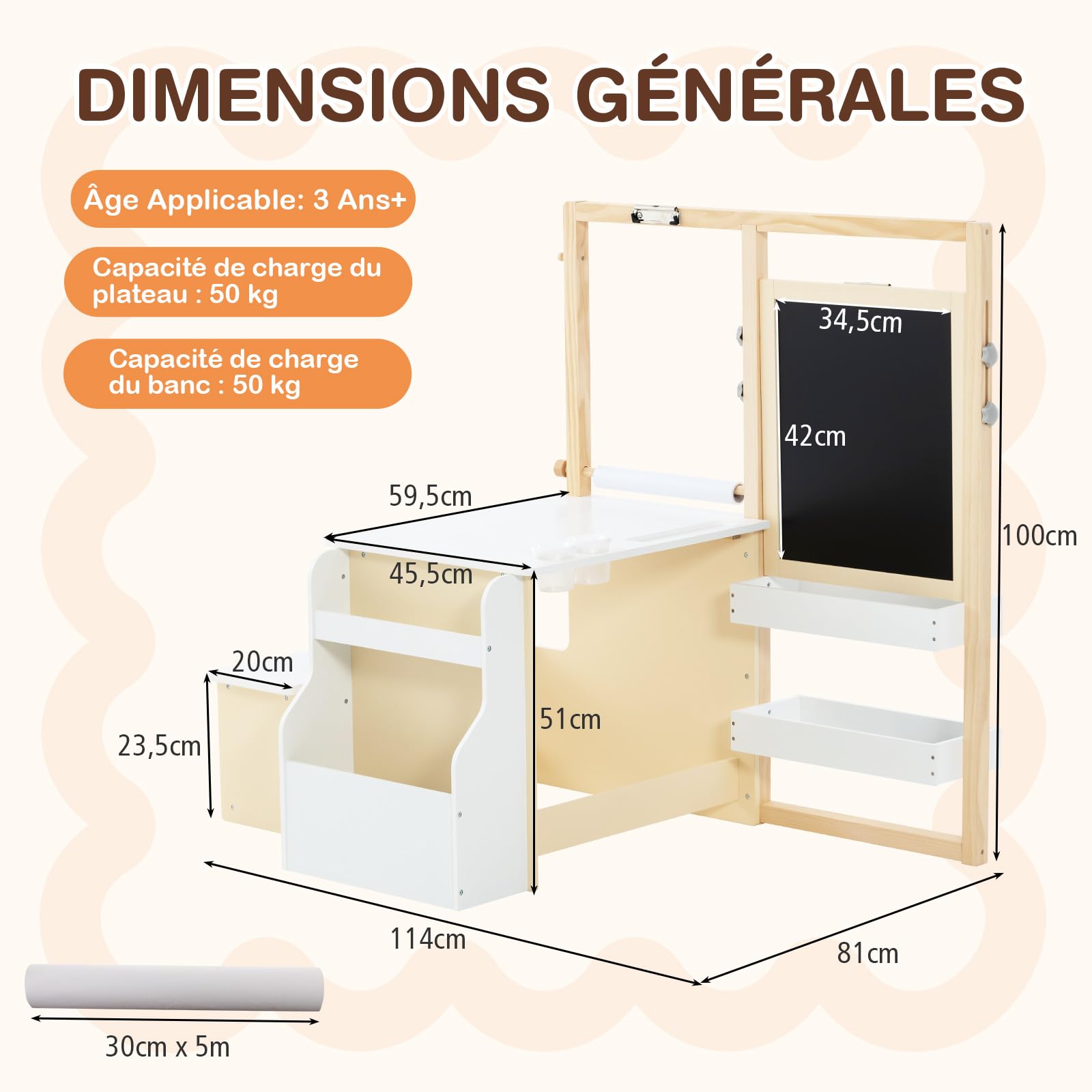 COSTWAY Bureau Enfants 2 en 1 Bois avec Banc & Etagères, Tableau Double Face Réglable avec Rouleau Papier & Craies, Table Dessin 3 Ans+ 50kg Blanc