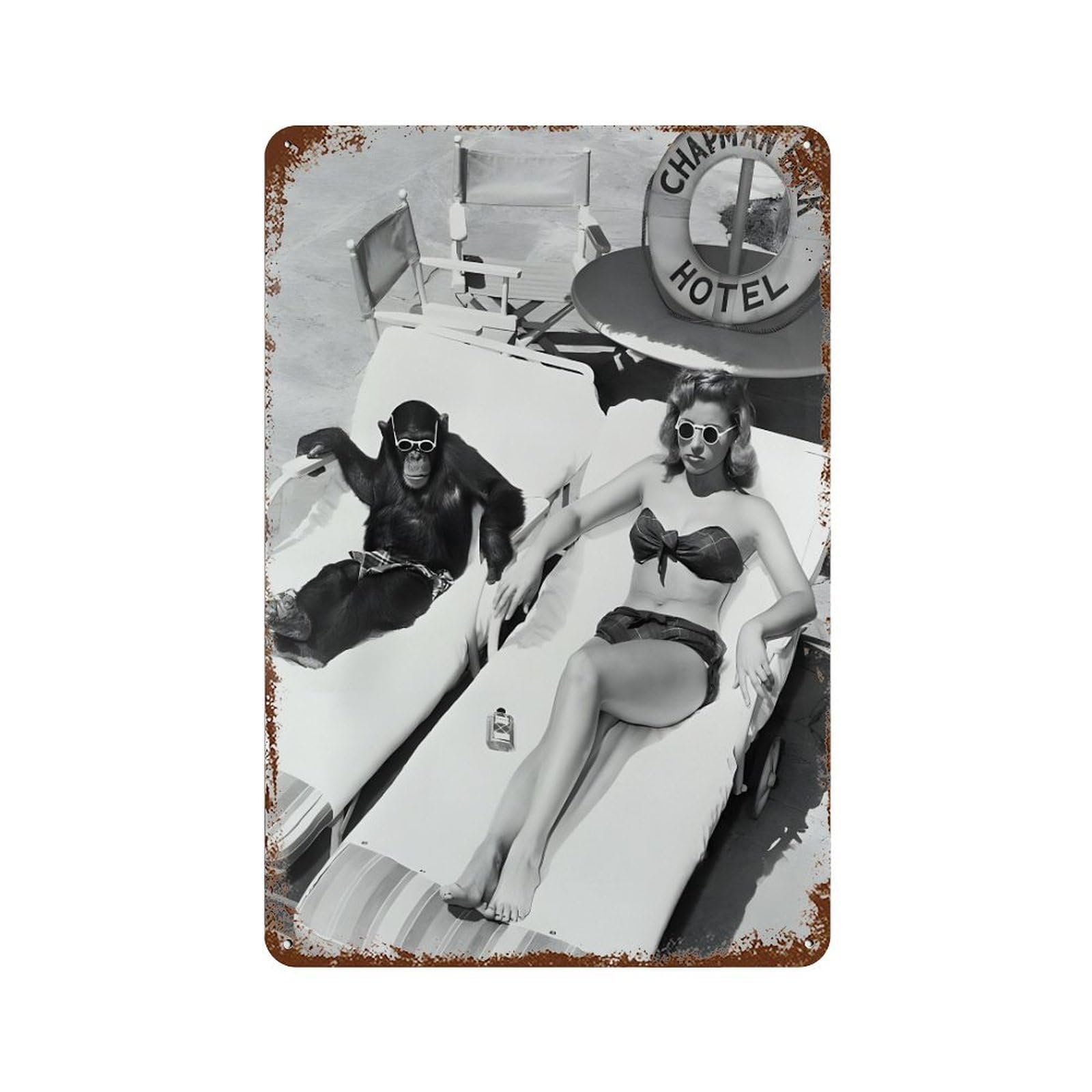 xiaoxiaoshen A Woman Sunbathing Near A Chimpanzee Wall Decor Art Metal Tin Poster Modern Home Decor Art Home Bar Shop Decorations Vintage Sign 30x20cm