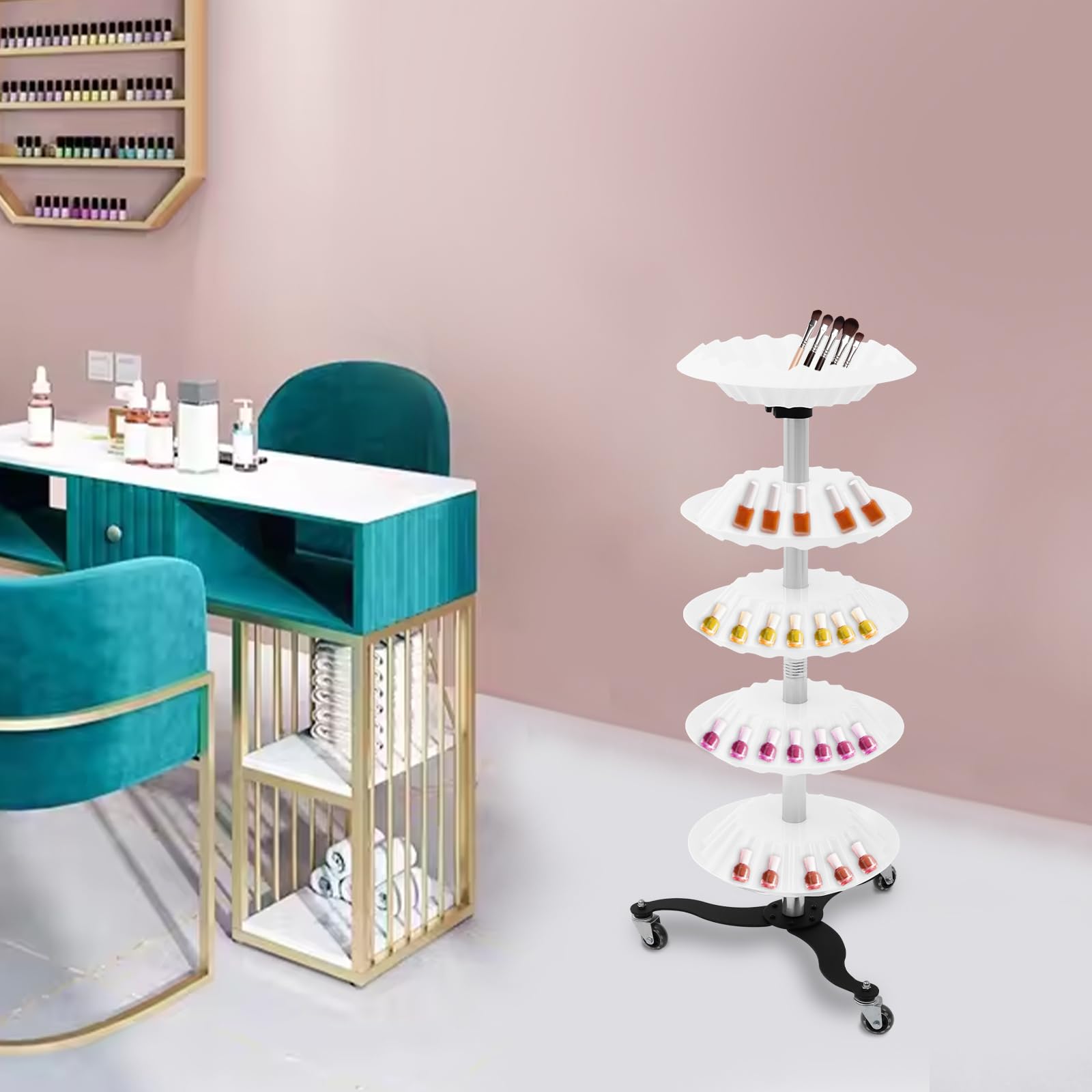 5-Tier Nagellack Drehgestell Nagellack-Display mit Rädern Nagellack-Wagen-Organisator Weiß, mit Rollen, Edelstahl und PP, 100 cm Höhe, Freistehend