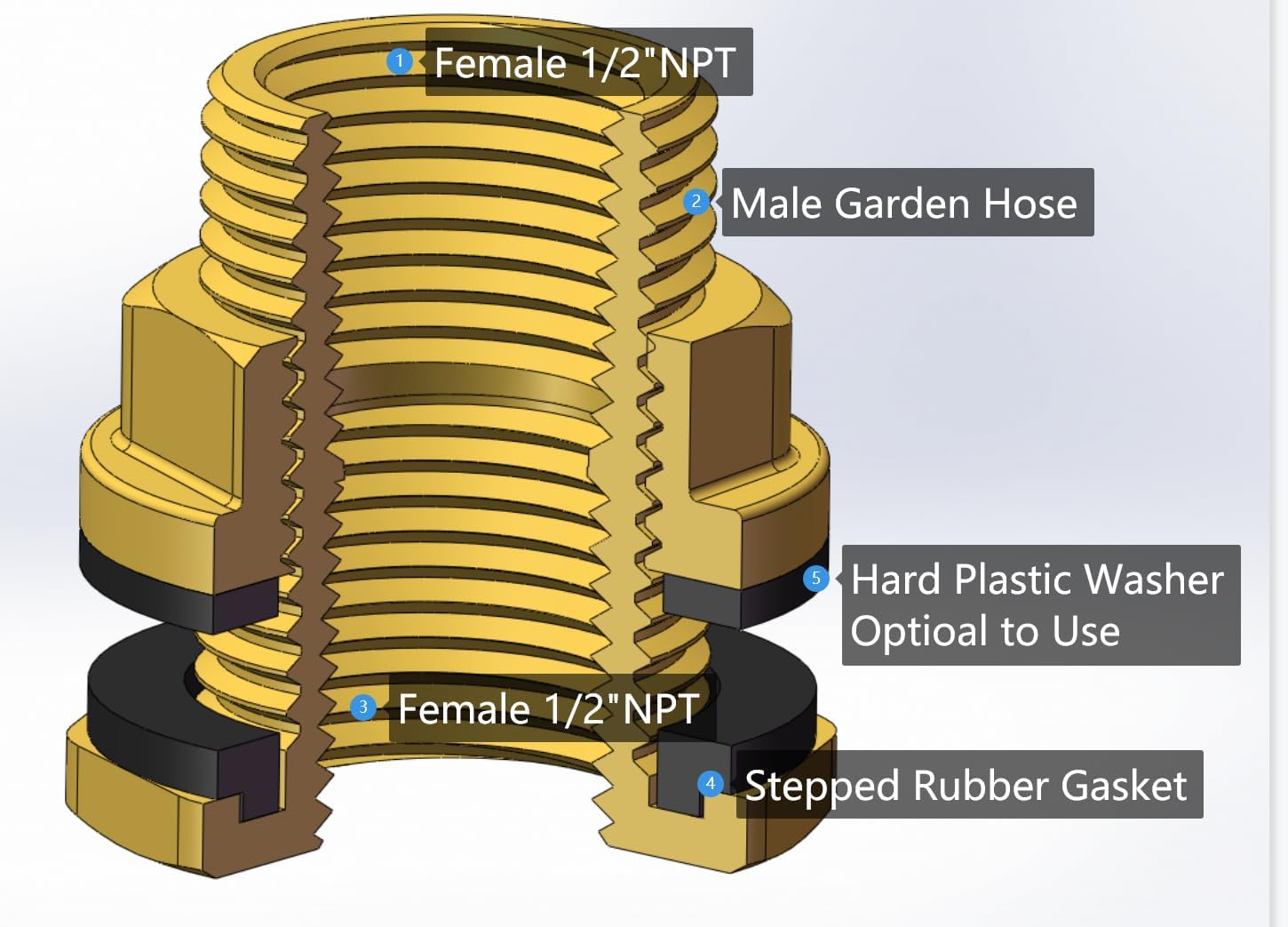 BBF020 LF Compliant Brass Bulkhead Tank Fitting (Double Female 1/2” NPT and Male 3/4" NH Garden Hose Threaded, 4 oz each) (2)