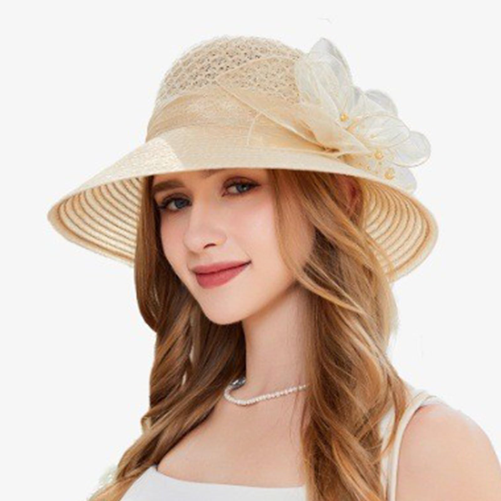 Straw Fedora Sun Hat Short Brim Beach Hat Adjustable Hats for Men Women Bowler Hat Netting Tulle (B1-Beige, One Size)