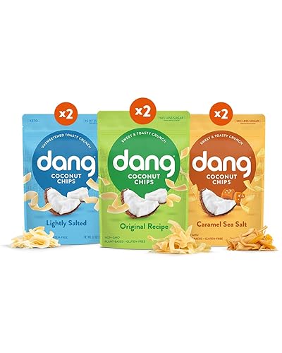 Dang - Bocadillos de coco tostado, vegano, sin gluten, sin OMG, aperitivos saludables hechos con alimentos completos, paquete surtido de 6 unidades,